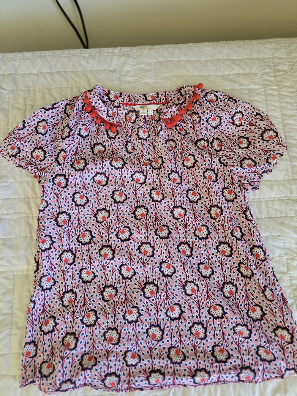 Boden Pink Floral Tassel-Trim Blouse